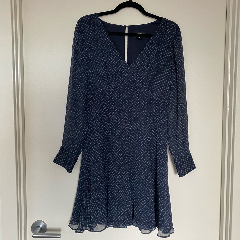 Club Monaco Sheer Overlay Navy long-sleeve silk dress